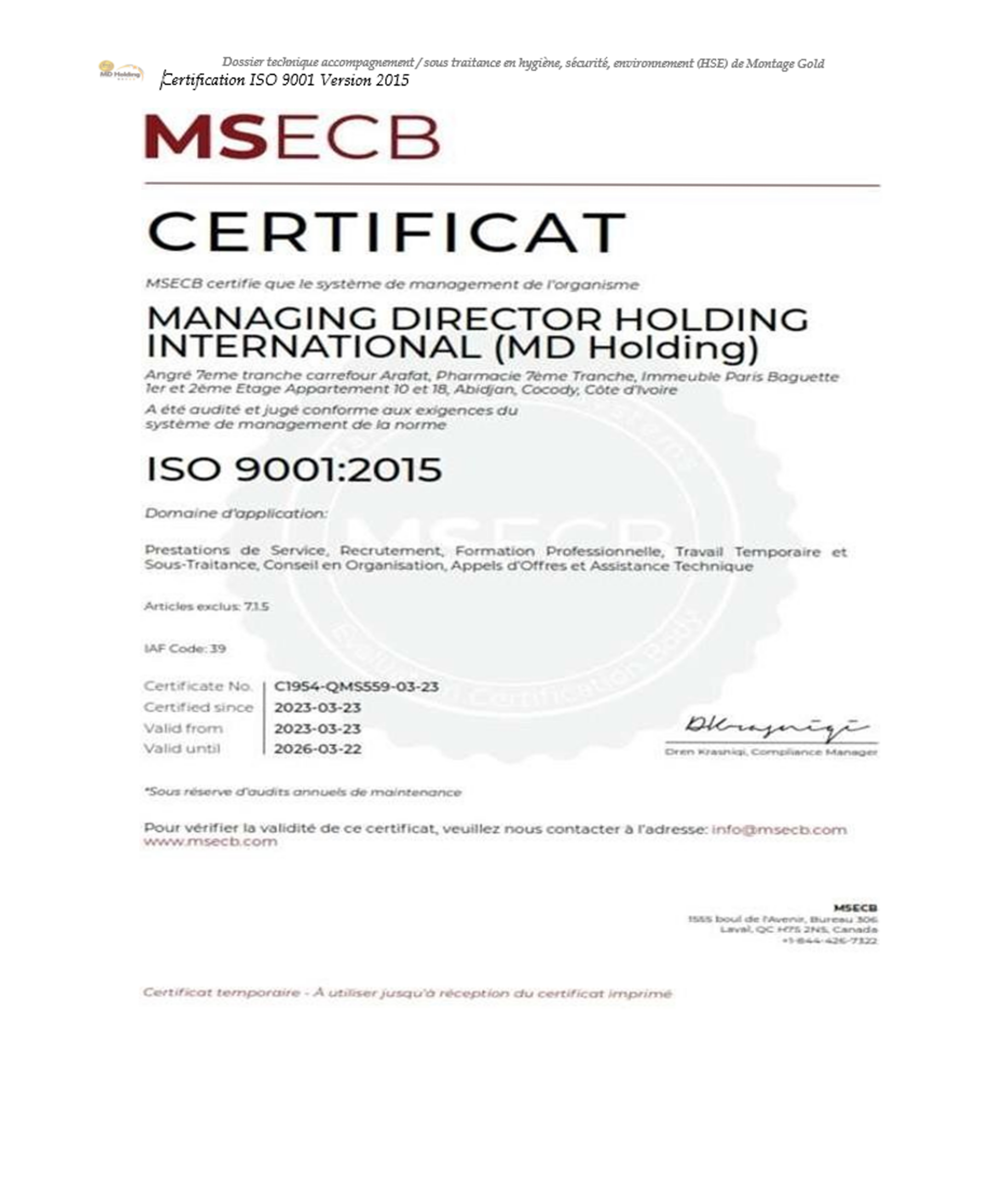 Certificat ISO 9001:2015 MSECB — MD HOLDING INTERNATIONAL — C1954-QMS559-03-23