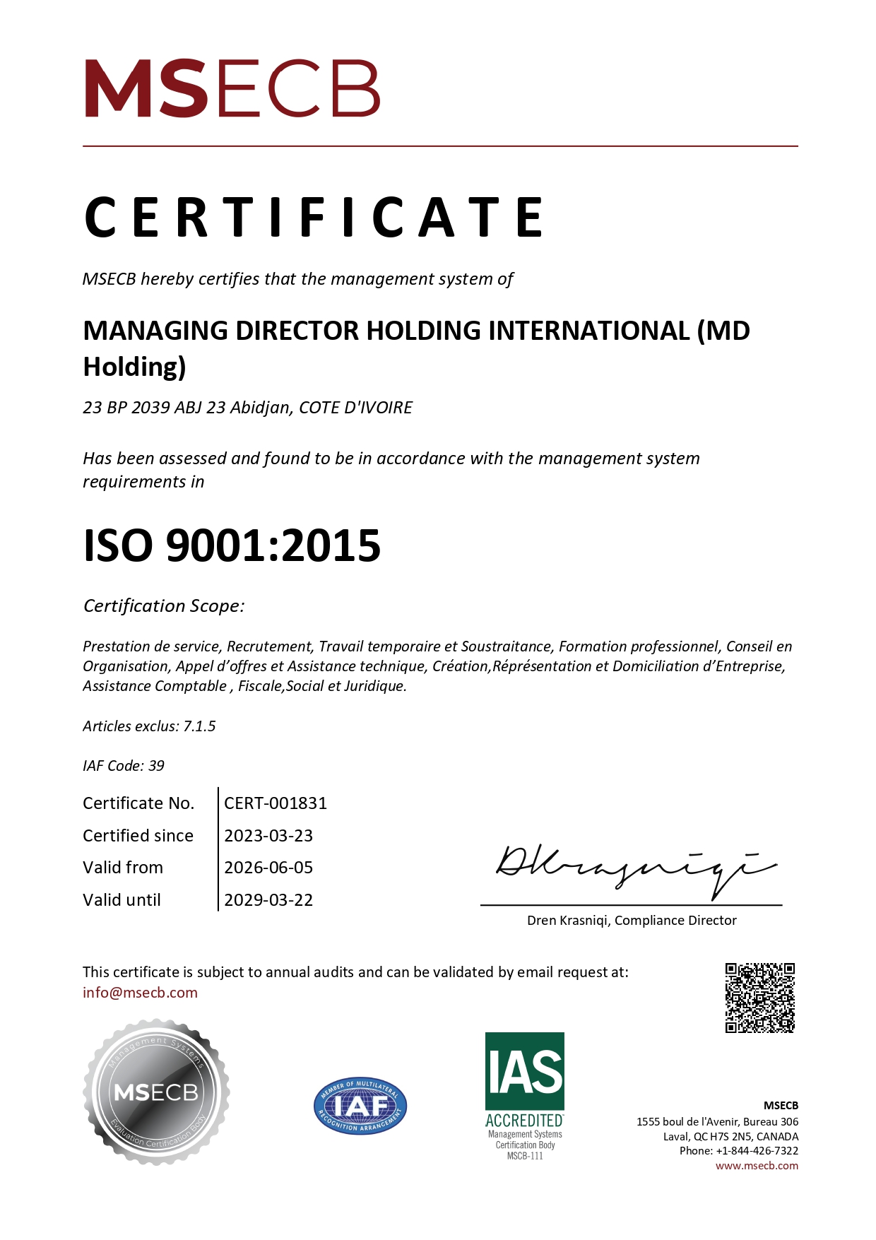 Certificat ISO 9001:2015 MSECB — MD HOLDING INTERNATIONAL — C1954-QMS559-03-23